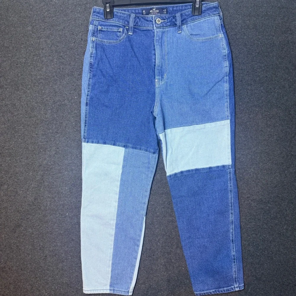 Hollister‎ Jeans 29 Patchwork High Rise Mom Blue Colorblock Ankle Festival Retro
